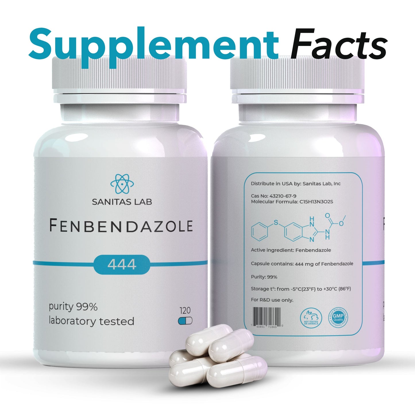 Sanitas Lab Fenbendazole Capsules | 444mg | 120 Count | Lab Tested 99% Purity